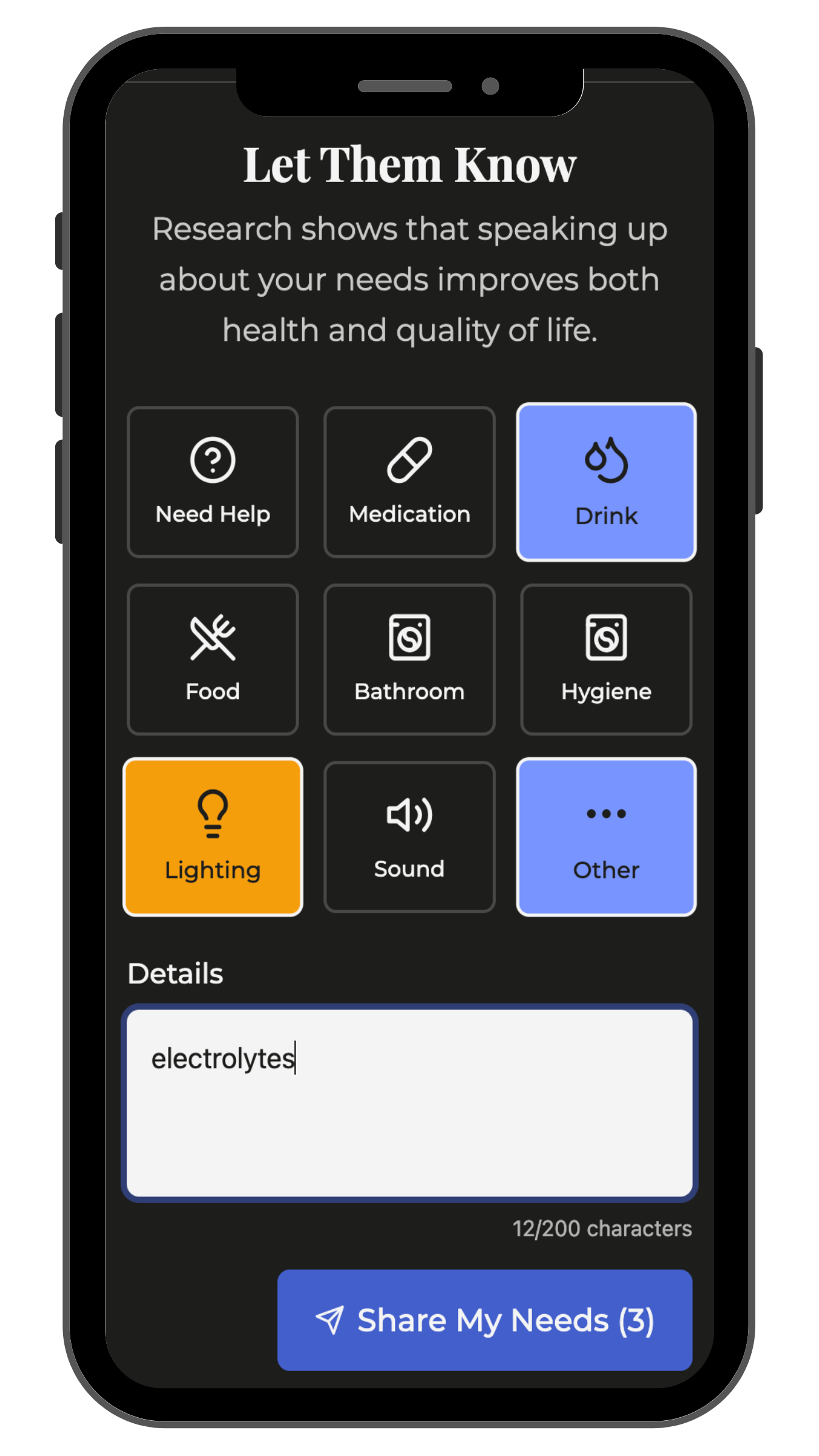 Spoonfull app interface showing simple communication options