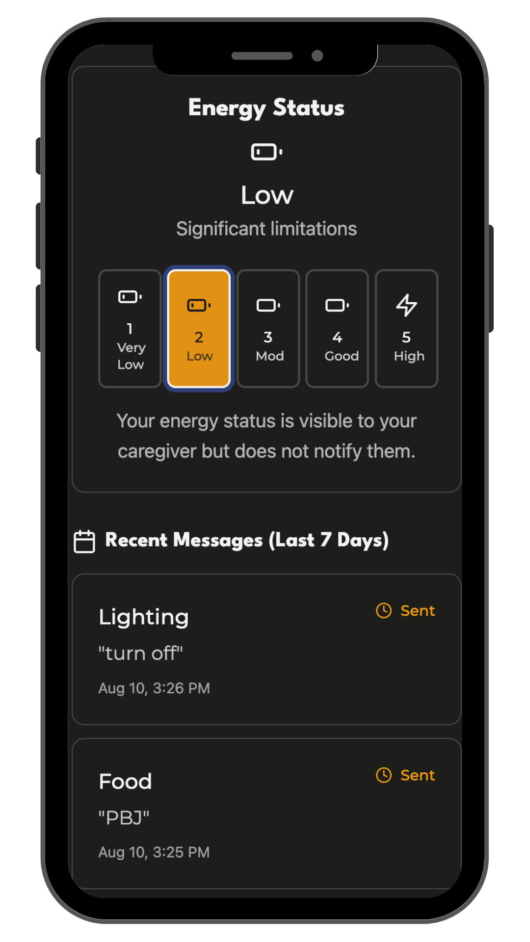 Spoonfull app showing crash mode and communication features